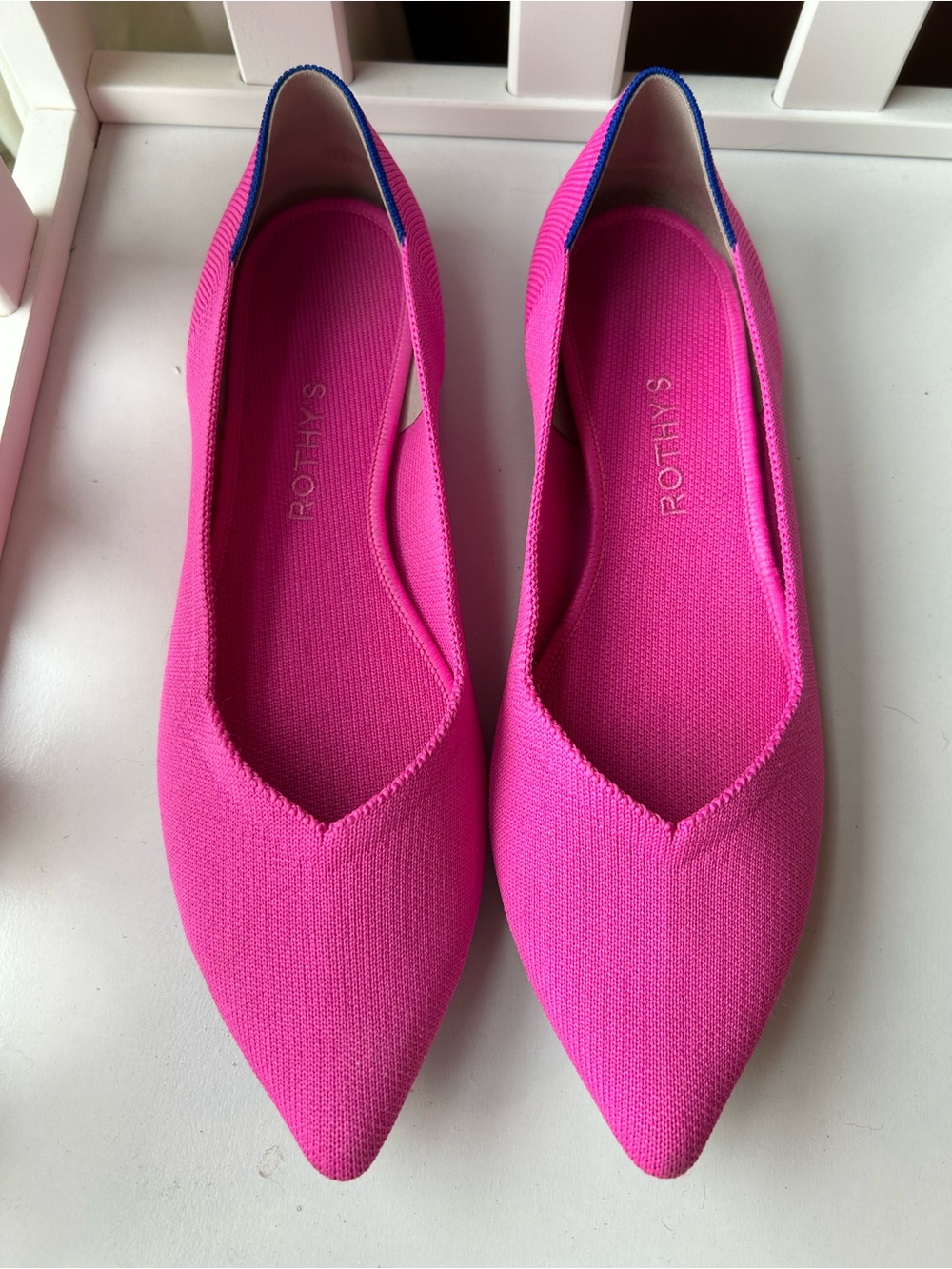 Rothy's Pink Pointed Knit Flats with Blue Trim (size 11.5)